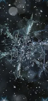 Intricate snowflake design on a dark, winter-themed mobile wallpaper.