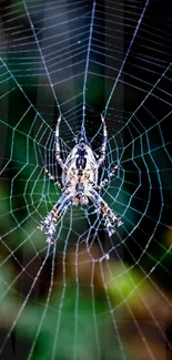 Close-up of an intricate spider web with a spider, in a natural setting.