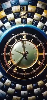 Spiral clock design with Roman numerals in gold and black hues.