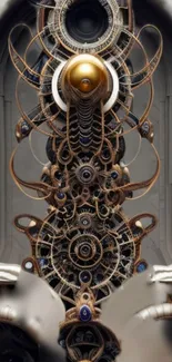 Intricate steampunk design with gears and metallic elements in bronze tones.