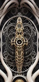 Intricate steampunk wallpaper with golden gears and ornate patterns.