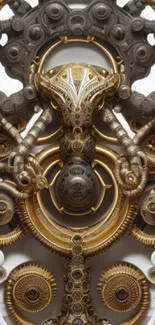 Intricate steampunk design with gold accents on a mobile phone wallpaper.