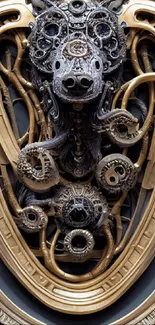 Steampunk art wallpaper with intricate bronze design and mechanical details.