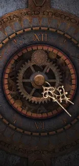 Steampunk-style clock with intricate gears on a dark background.