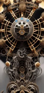 Intricate steampunk clock with gears and vintage design in brown tones.