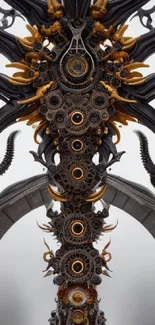 Intricate steampunk design with gears and metallic details on a gray background.