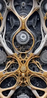 Intricate steampunk wallpaper with gears and metallic hues.