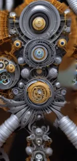 Intricate steampunk design with gears in gold and silver hues.