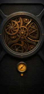 Steampunk gears and vintage clock artwork on mobile wallpaper.