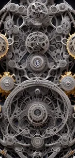 Intricate steampunk design with complex gears and cogwheels in grayscale tones.