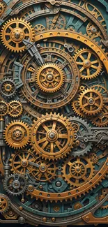 Intricate steampunk gear design with golden cogs on a teal background.