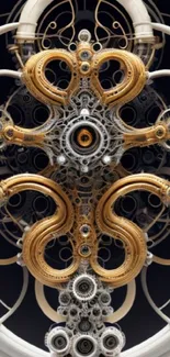 Steampunk gear design wallpaper in gold and silver tones for mobile.