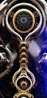 Intricate steampunk gears with futuristic flair on a cosmic background.