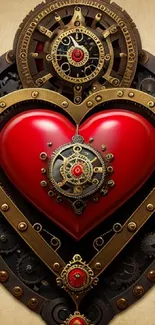 Red steampunk heart with intricate golden gears and vintage style.