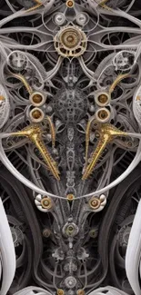 Intricate steampunk design with gears and symmetrical patterns on a mobile wallpaper.