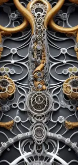 Intricate steampunk wallpaper with copper and metallic gear design.