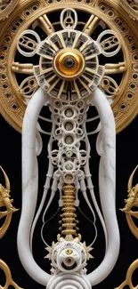 Intricate steampunk design with gears and cogs in gold and white tones.