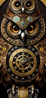 Steampunk owl design with gears and metallic elements on a dark background.