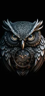 Intricate steampunk owl with clock, dark background.