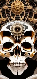 Steampunk skull with gears in intricate design on a dark background.