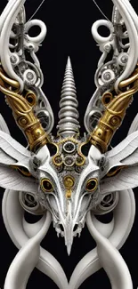 Steampunk skull with intricate gears and surreal horns on a dark background.