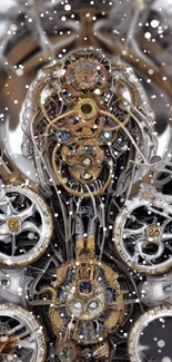 Intricate steampunk mechanical art with snow effect for mobile wallpaper.