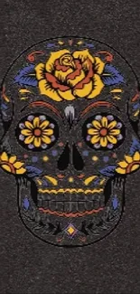 Intricate sugar skull with floral designs on a dark textured background.