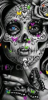 Gothic sugar skull art with a butterfly and floral design.