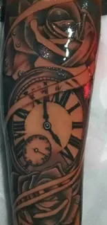 Tattoo art featuring roses and a clock in detailed design.