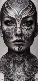 Intricate black and white tattoo art portrait mobile wallpaper.