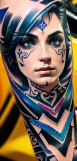 Intricate tattoo art portrait on arm with vibrant colors.