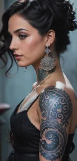 Elegant woman with intricate tattoo in stylish setting.