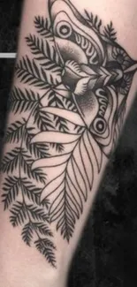 Intricate moth and fern tattoo design on arm.