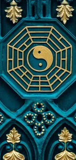 Teal and gold wallpaper with yin-yang symbol and ornate patterns.