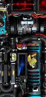 Intricate tech gear design with colorful wires and mechanical elements.