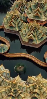 Intricate golden temple roofs over water in a scenic mobile wallpaper.