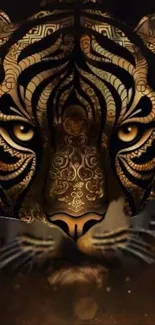 Intricate tiger face art design with golden patterns on mobile wallpaper.