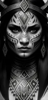 Intricate tribal art woman portrait in monochrome design.