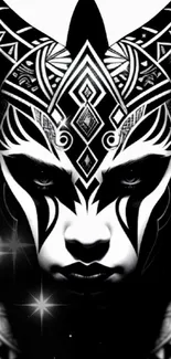 Intricate tribal mask design in black and white, artistic style.