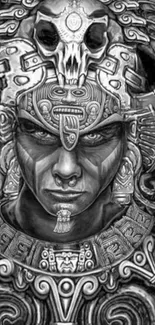 Intricate black and white tribal warrior illustration with detailed patterns.