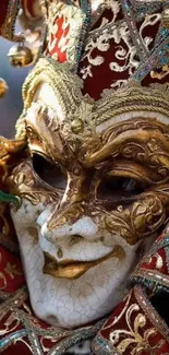 Intricate Venetian mask in red and gold hues.