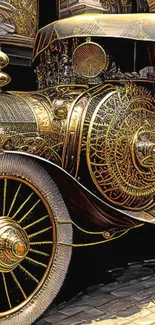 Ornate vintage car with intricate gold detailing.