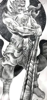 Black and white detailed warrior sketch illustration.