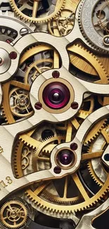 Close-up of intricate watch gears in gold tones.