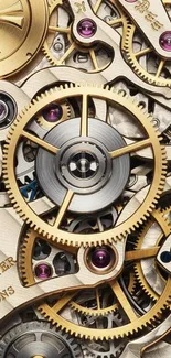 Close-up of intricate watch gears and cogs in gold and silver.