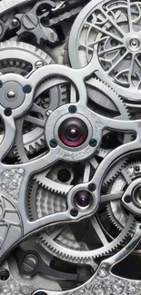 Closeup view of intricate watch gears and mechanisms.