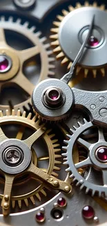 Intricate watch mechanism with interlocking gears and vibrant detail.