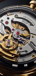 Intricate gold and silver watch mechanism wallpaper with cogs and gears.