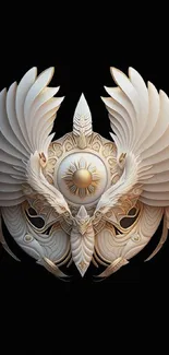 Intricate white winged emblem on black background mobile wallpaper.