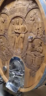 Intricate wood carving on a wine barrel showcasing detailed artistic design.